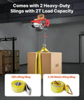 Electric Hoist With 14 Ft Wired Remote, 1320 Lb Capacity, 110V Winch lifting a box with heavy-duty slings in warehouse