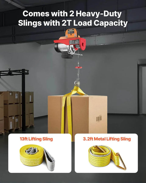 Electric Hoist With 14 Ft Wired Remote, 1320 Lb Capacity, 110V Winch lifting a box with heavy-duty slings in warehouse