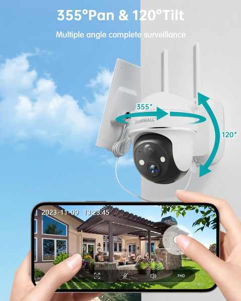 Solar Wireless Outdoor Security Camera With 360 Degree View 2K Color Night Vision 2 Way Talk PIR Motion Alerts