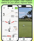 Portable Golf Launch Monitor And Home Simulator For Swing Analysis app interface on smartphone, showing trajectory and data.