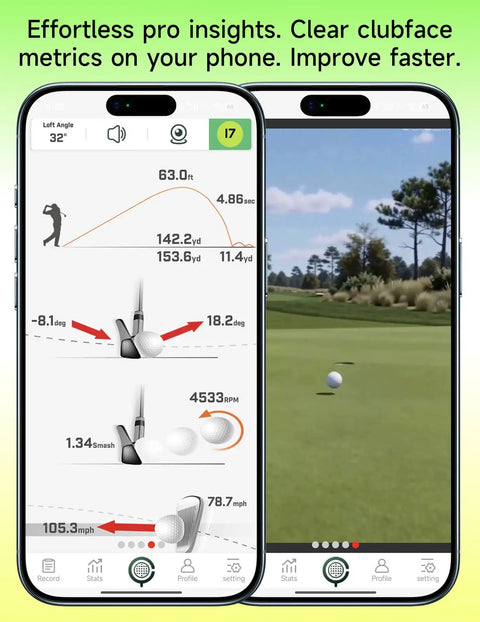 Portable Golf Launch Monitor And Home Simulator For Swing Analysis app interface on smartphone, showing trajectory and data.