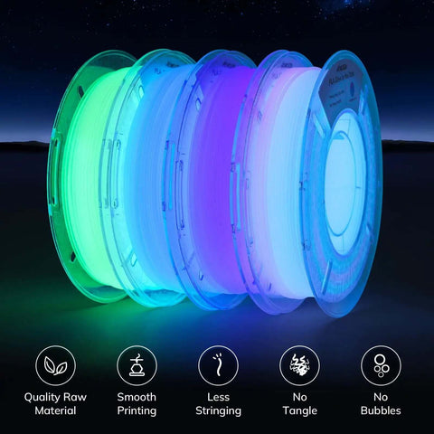 Glow In The Dark Multicolor Fast Change 3D Printer PLA Filament Bundle 1.75mm 5m Per Spool 200g Each 4 Pack With Green Blue Blue Purple Glitter Colors UV Reactive Printing
