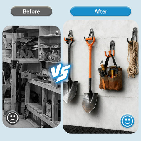 Before and after view showing 2 Pack Heavy Duty Garage Storage Utility Hooks For Tools And Garden Gear, Steel Wall Mount U Hooks Black, Holds 40 Lbs, Space Saving Organizer For Cables, Hoses, Brooms, Spades, Bikes, And More installed on wall.