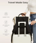 15.6 Inch Laptop Backpack For Women With Wide Open Frame waterproof daypack on luggage, showing anti-theft pocket and straps.