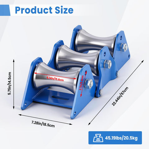 Beefed-Up Industrial Grade Heavy Duty Cable Puller Sheave With 180 Degree Adjustable Angle showing 3 steel wheels and dimensions.