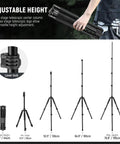 Versatile Aluminum Photography Light Stand 1.5 to 6.4 Feet Telescoping Tripod With Reversible Head shown in adjustable heights