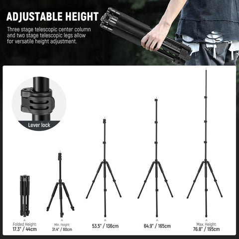 Versatile Aluminum Photography Light Stand 1.5 to 6.4 Feet Telescoping Tripod With Reversible Head shown in adjustable heights