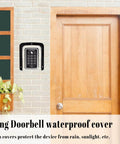 Waterproof Video Doorbell Cover With Anti Glare Shield Large Size Rain Guard installed above doorbell on outdoor wall.