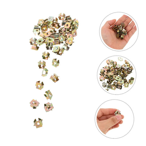 50Pcs Gold Iron Captive Nut U-Clip Fasteners for Car Bumper Grill and License Plate Mounting spread out on white background.