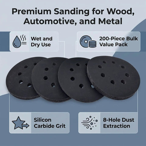 Kickstart Your Woodworking Projects With These Badass 5 Inch Silicon Carbide Sanding Discs featuring 8 holes for dust extraction.