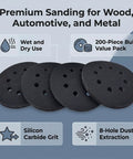 Top Tier 200 Pack Of 5 Inch Silicon Carbide Hook Loop Sanding Discs With 8 Holes For Power Tools stacked on a blue background.
