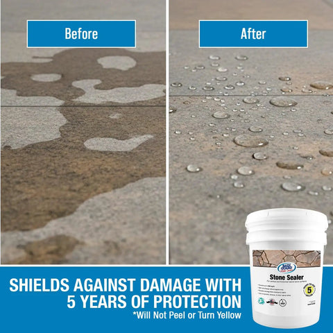 Image showing before and after effects of Stone Sealer That Keeps It Tight, Penetrating Water Repellent For All Stone Surfaces, 5 Gallons.