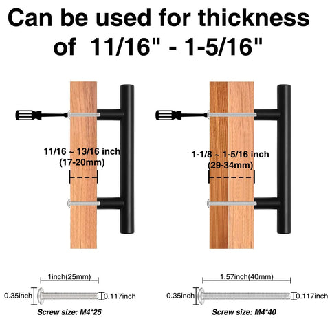 Diagram showing installation of 30 Pack Matte Black Stainless Steel Cabinet Handles For Cabinets And Drawers on varying door thicknesses.