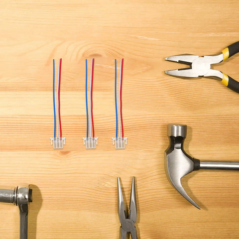Motorcycle Switch Button Cables Kit Four Piece Copper And Plastic Wiring Harness Connector on wood table with tools