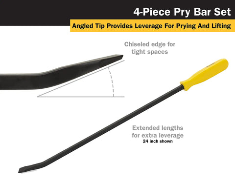 Heavy Duty Pry Bar Set With 8 Inch, 12 Inch, 18 Inch, And 24 Inch Bars For Maximum Leverage And Lifting, Angled Tips