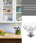 Hella Bright Acrylic Drawer Knobs 6 Pack Single Hole Cabinet Pulls on kitchen cupboard with decorative flower vase.