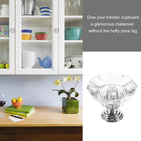 Hella Bright Acrylic Drawer Knobs 6 Pack Single Hole Cabinet Pulls on kitchen cupboard with decorative flower vase.
