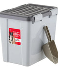 Stackable Dog Food Storage Container With Airtight Gasket Seal And Four Latches Keeps Your Pet Chow Fresh Holds Up To 30 Lbs Of Dry Food Includes 2 Cup Scoop And Easy Measure Lid BPA Free Gray with attached scoop