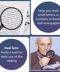 10X Handheld Reading Magnifier With 75mm Shatterproof Lens Non Slip Handle showing clear text on paper and elderly man using magnifier.