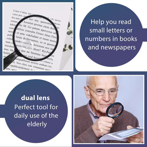 10X Handheld Reading Magnifier With 75mm Shatterproof Lens Non Slip Handle showing clear text on paper and elderly man using magnifier.