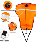 70Lb Scuba Lift Bag With Over Pressure Valve And Open Bottom High Visibility Orange Nylon TPU Coated 210D For Underwater Salvage Reflective Band Tough As Nails Dive Gear highlighting OPV, reflective band, and D-Ring.