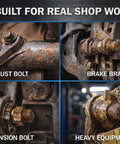 Rusty bolts and hinges on automotive and heavy equipment labeled "Exhaust Bolt," "Brake Bracket," "Suspension Bolt," and "Heavy Equipment Hinge."