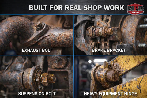 Rusty bolts and hinges on automotive and heavy equipment labeled "Exhaust Bolt," "Brake Bracket," "Suspension Bolt," and "Heavy Equipment Hinge."