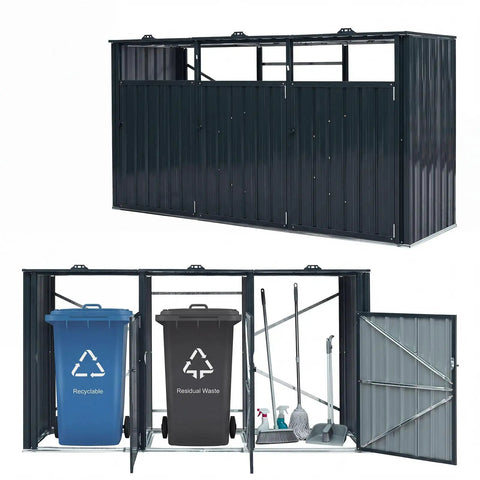 Heavy Duty Outdoor Trash Can Storage Shed For Three Bins With Flip Up Lids And Lockable Doors Galvanized Steel Utility Enclosure