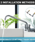 8 Inch Center Wall Mount Commercial Kitchen Faucet With Dual Handles, Adjustable Center Spacing, shown with water flow