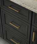 Brushed Brass Modern Cabinet Handles Ten Pack With Five And One Sixteenth Inch Center To Center Pulls installed on dark cabinets