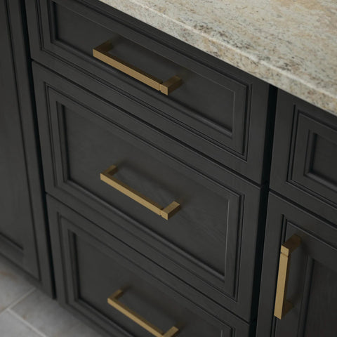 Brushed Brass Modern Cabinet Handles Ten Pack With Five And One Sixteenth Inch Center To Center Pulls installed on dark cabinets