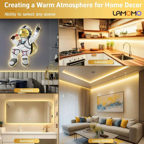 COB LED Strip Lights Pro 16.4Ft in kitchen, bedroom, bathroom, living room creating a warm white ambiance with astronaut decor.