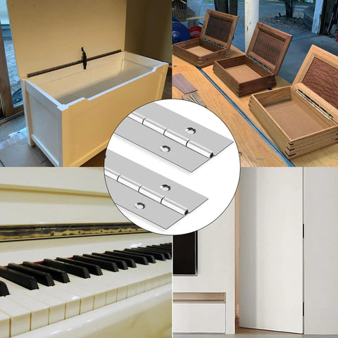 Heavy Duty 2 Piece Piano Hinges 16 Inch Continuous Stainless Steel Hinges With Mounting Screws displayed on various cabinet doors.