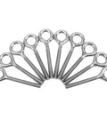10 Pack M5 Eye Bolt and Eye Hook Kit in Stainless Steel for Hanging and Lifting, Boss Grade Heavy Duty Screw Eyelets for Wood and Metal Projects, Durable Ring Hooks for Solid Load Support. Stainless steel M5 eye bolts arranged in a fan on white background.