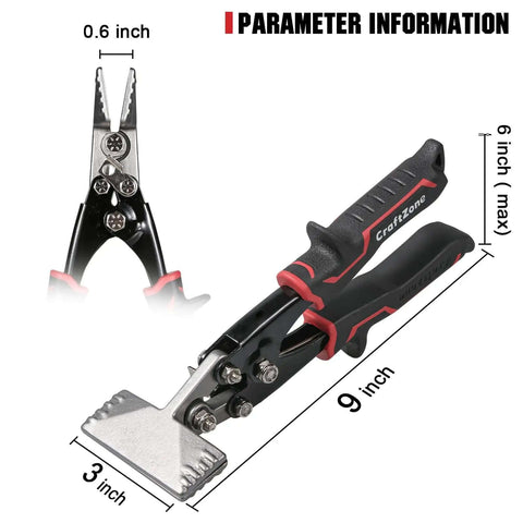 Heavy Duty Duckbill Sheet Metal Pliers 3 Inch Hand Seamer And Straight Bender with ergonomic grip, shown in front and side views.