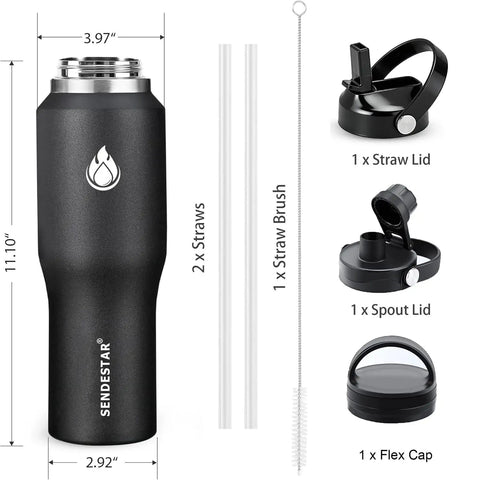 Smooth Operator 40oz Stainless Steel Vacuum Insulated Water Bottle With Straw And Spout Lids Kept Ice Cold For Two Full Days Fits Every Car Cup Holder For Weekend Drifts Summer Vibes And Travel Black with included accessories.