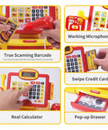 Pretend Play Cash Register Toy With Barcode Scanner Calculator Microphone Play Food And Supermarket Checkout Gear For Kids Ages 3 4 5 6 8 Awesome Gift For Boys And Girls showing barcode scanner, microphone, and calculator display