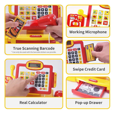 Pretend Play Cash Register Toy With Barcode Scanner Calculator Microphone Play Food And Supermarket Checkout Gear For Kids Ages 3 4 5 6 8 Awesome Gift For Boys And Girls showing barcode scanner, microphone, and calculator display
