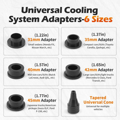 No Fuss Heavy Duty Coolant Vacuum Refill Kit With Six Durable Adapters And Tapered Cone, showcasing six sizes of universal adapters.