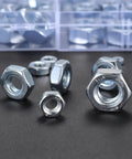 Assorted Stainless Steel Hex Nuts Kit With 430 Pieces, Coarse Thread Nut Set displayed on a table, size M2 to M12 shown