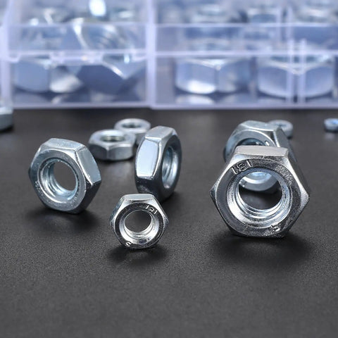 Assorted Stainless Steel Hex Nuts Kit With 430 Pieces, Coarse Thread Nut Set displayed on a table, size M2 to M12 shown