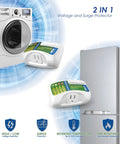Two In One Voltage And Surge Protector Pack For Fridge And Washer To Stop High And Low Voltage Brownouts And Spikes Keeping Your Appliances Safe And Running Smoothly next to washer and fridge.