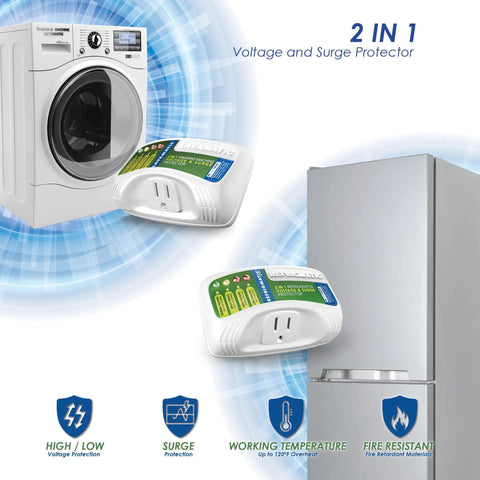 Two In One Voltage And Surge Protector Pack For Fridge And Washer To Stop High And Low Voltage Brownouts And Spikes Keeping Your Appliances Safe And Running Smoothly next to washer and fridge.