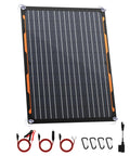 20W 12V Solar Panel Charger Kit With Built In Dual Stage Smart Charging Controller, cables, and clips displayed on white background.