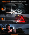 Versatile emergency lights with 600 lumens, showing normal, strobe, SOS modes; Portable Tire Inflator With App Control Three Times Faster Pump