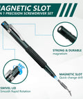 Knockout 13 In 1 Precision Magnetic Screwdriver Set With Serious Hold Magnet And Twelve Replacement Bits, showing magnetic slot and ergonomic handle.