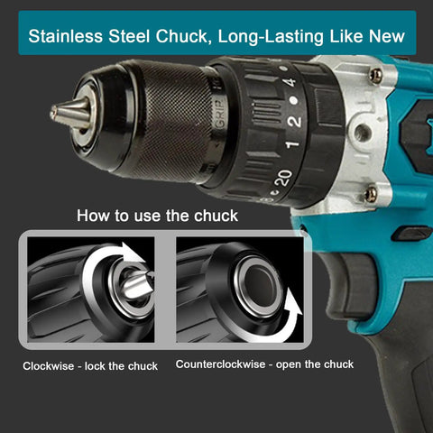 Badass Cordless Drill Driver And Electric Screwdriver With 25 Plus 1 Torque Clutches showcasing stainless steel chuck, usage instructions.