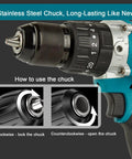 Heavy Duty Cordless Drill And Power Screwdriver Kit With Two 1500 Mah Packs showing stainless steel chuck operation instructions.