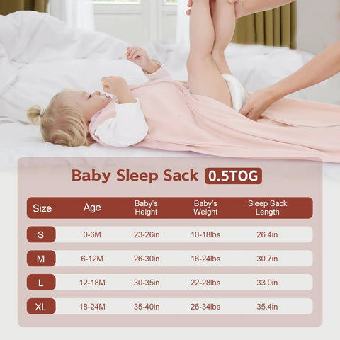 Baby wearing All Cotton Baby Sleep Sack 0 To 6 Months TOG 0.5 with size chart visible in Three Pack design.