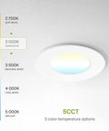 Recessed LED Downlight 4 Inch 2700K to 5000K Dimmable Canless Wafer Ceiling Light in white showing color temperature options.